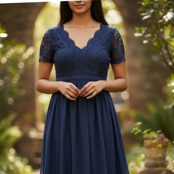 Lulus Dresses & Skirts - Lulus Navy Blue Lace Chiffon V-Neck Fit and Flare Cocktail Mini Dress Womens L